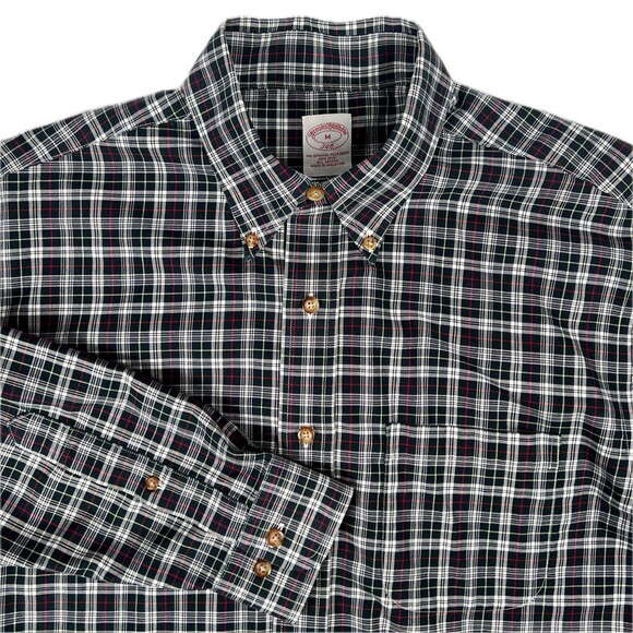 Brooks Brothers 346 Sz Mens M Non-Iron B&W Plaid Long-Sleeve Button-Down Shirt - Picture 1 of 10